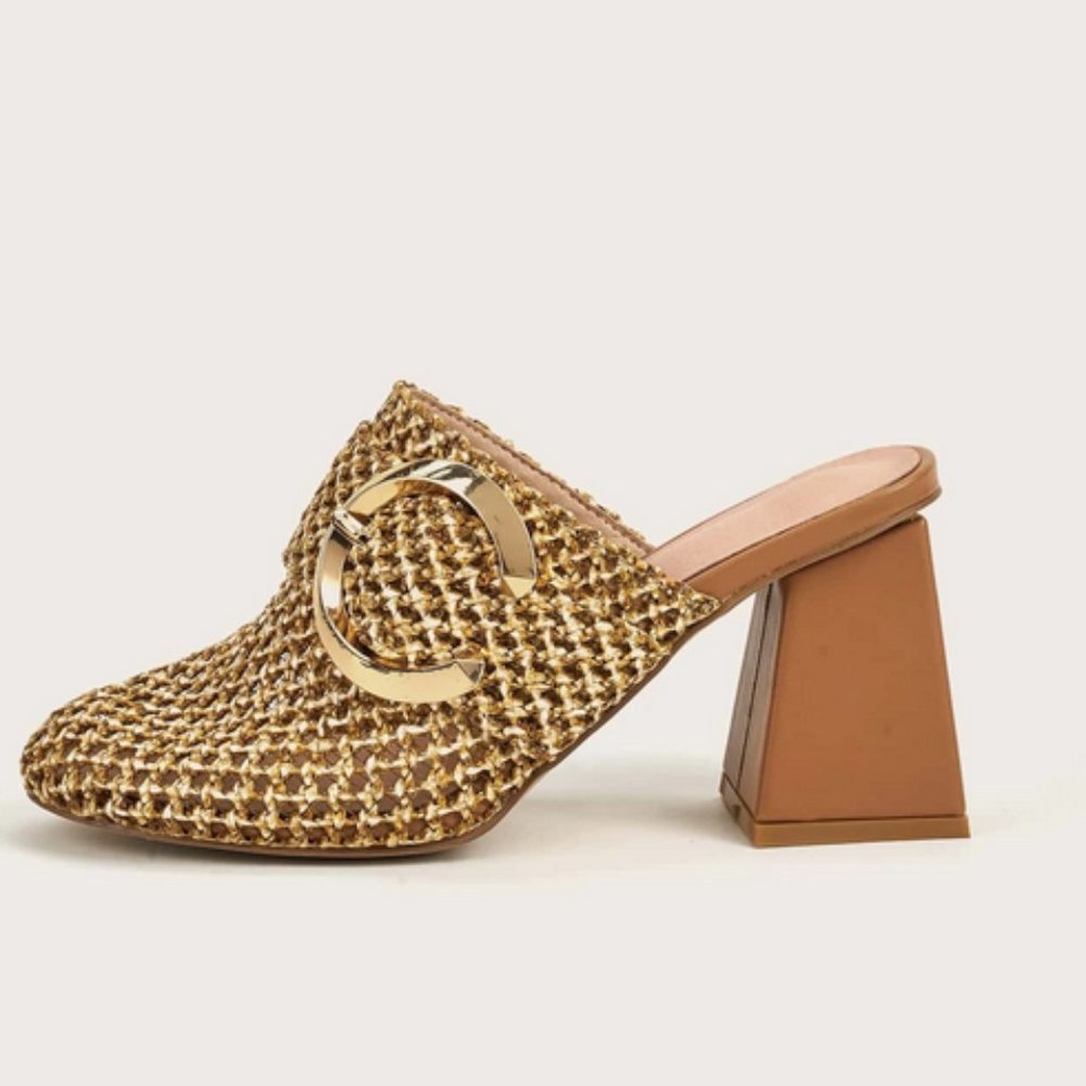 New Buckle Decor Chunky Heeled Mules Size 6